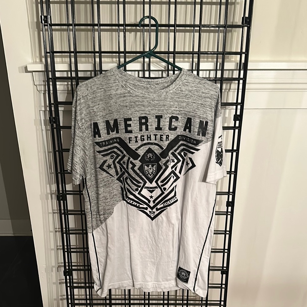 Grey and White American Fighter Graphic Tee